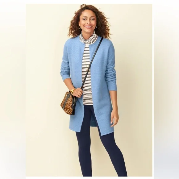 Talbots Textured Knit Open Sweater Jacket Cardigan Light Blue Small