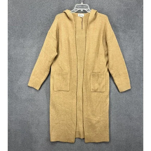 &merci Cardigan women Small‎ Tan Hooded knit open front oversized maxi soft