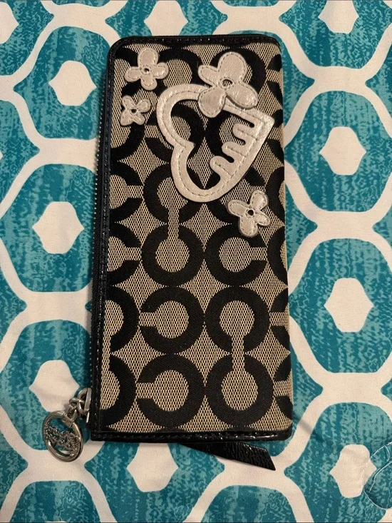 Coach Black & Tan Signature Canvas Zip Wallet with Metallic Heart Appliqué