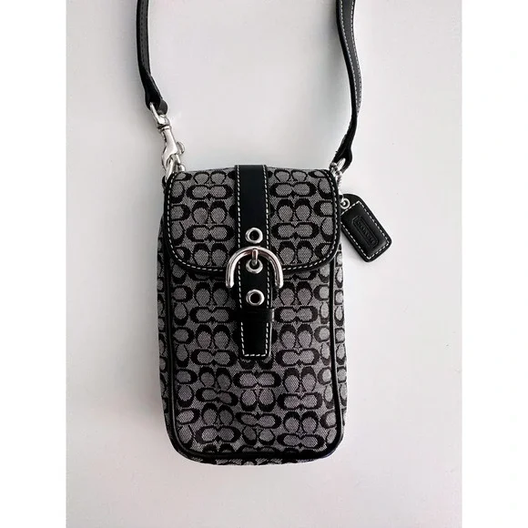 Coach Signature C Monogram Canvas Phone Crossbody Bag Black Tech Mini Purse Y2K