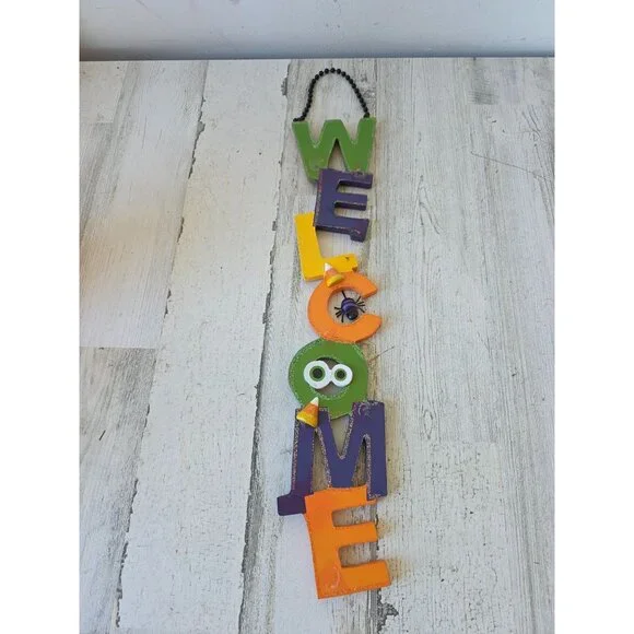 Wooden‎ welcome Halloween candy corn spider home decor