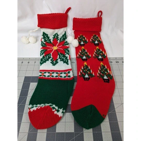 Knit Christmas‎ Stocking Lot Candles Christmas Trees Poinsettia 19 Inch