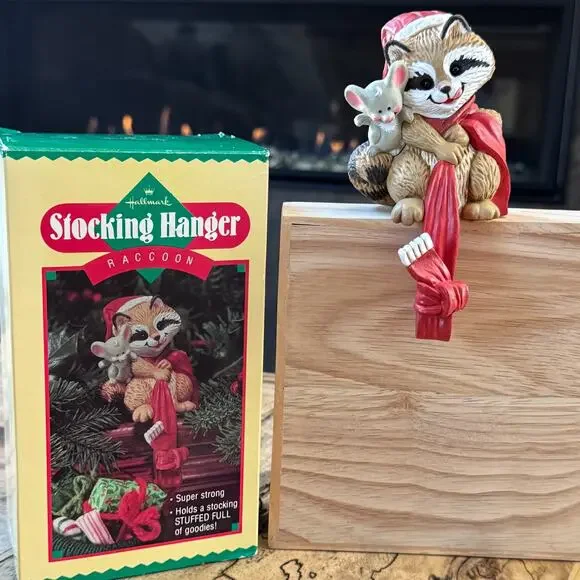 1984 Vintage Hallmark Raccoon Stocking Hanger, Christmas Decor, Retro Holiday