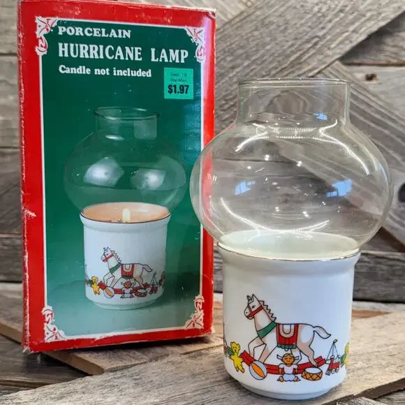Vintage Christmas Rocking Horse & Toys Hurricane Candle Lamp Retro Holiday Decor