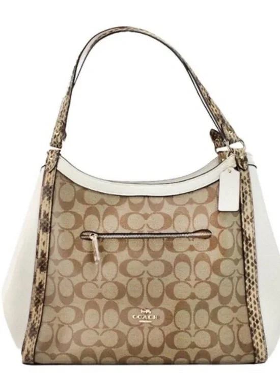 Coach Tan Signature Canvas Shoulder Bag with White Leather Trim