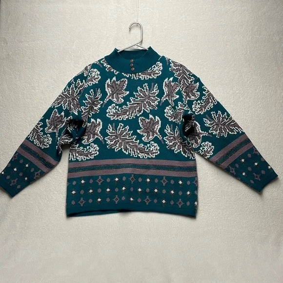 GINA PETERS Vintage Sweater Large Cozy Leaf Novelty Print Size Medium