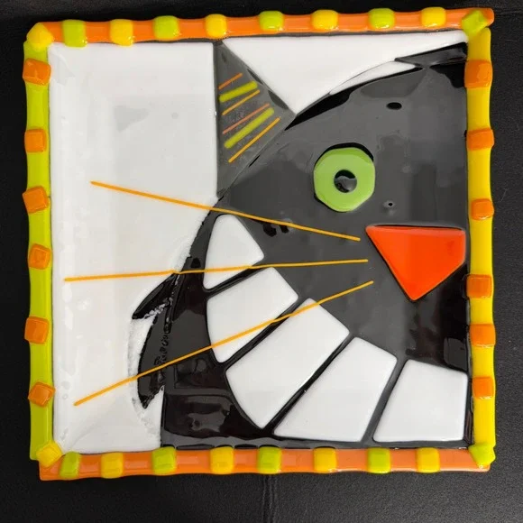 Halloween Glass Square Plate Black Cat Orange Yellow Fused Glass Party Plate