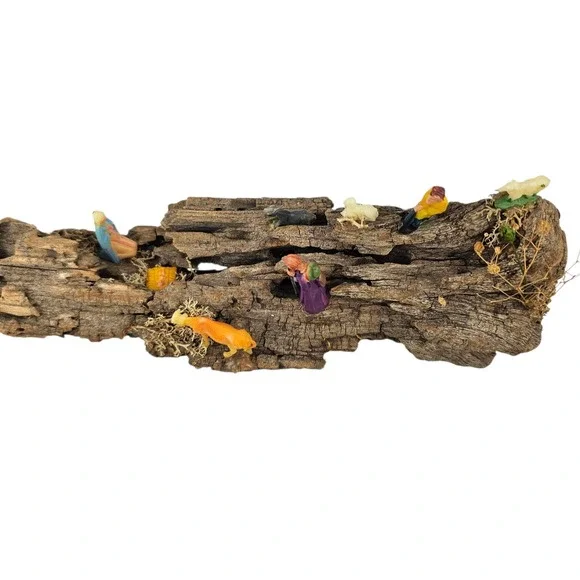 Vintage Nativity Scene Display on Natural‎ Bark Wood Log with Figurines Decor