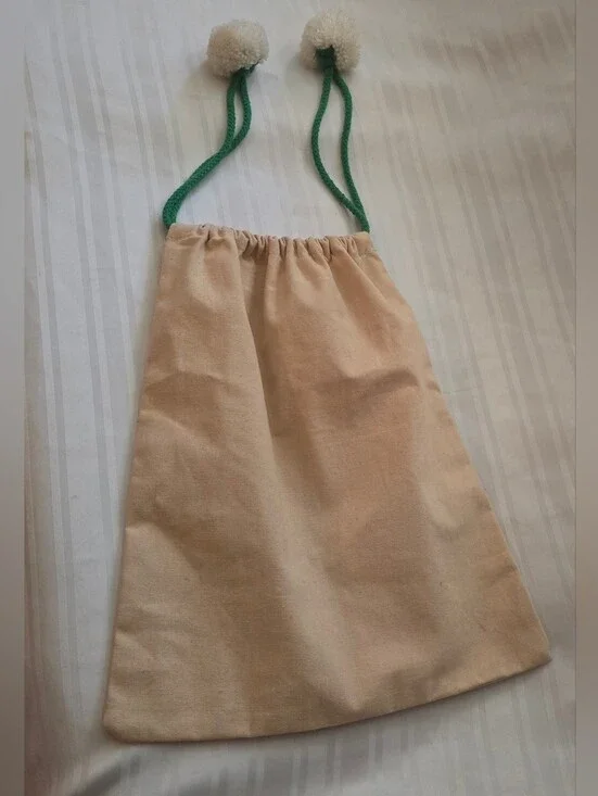 Burlap Gift Bag Christmas Trees Tan Green White Snowflakes Holiday Pom Pom Decor