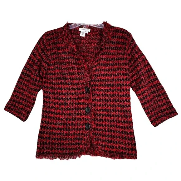 Coldwater Creek Sweater Women Small‎ Red Black Marled Fringe Cardigan Preppy