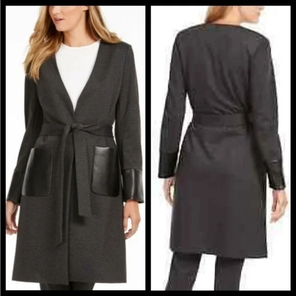 Calvin Klein Women's Faux Leather Trim Belted Cardigan Black Size 4