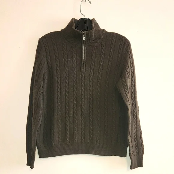 Bogner Virgin Cable Knit Wool Olive Green 1/4 Zip-Up Sweater Sz M/L