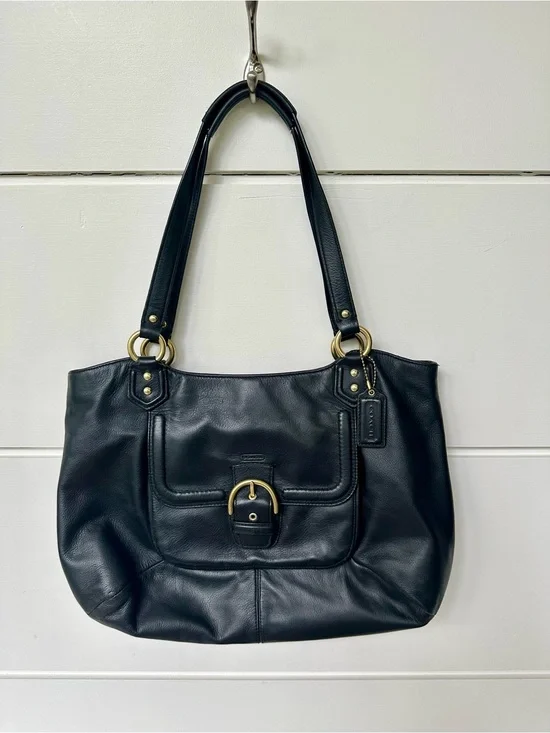 Coach Black Leather Shoulder Bag with Gold-Tone Hardware