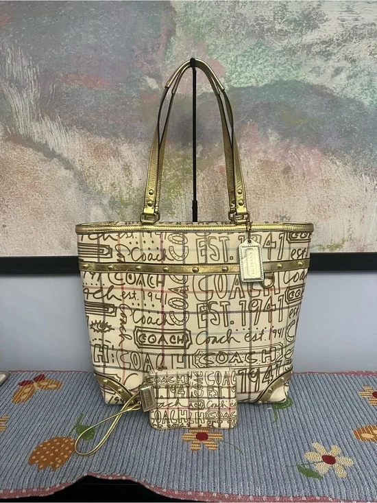 Coach 2009 Heritage Tattersall Graffiti  Golden Tote Bag & Matching Wristlet