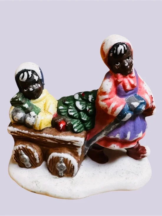 Christmas Village Black Americana Children In The Snow Ceramic Figurine Vintage