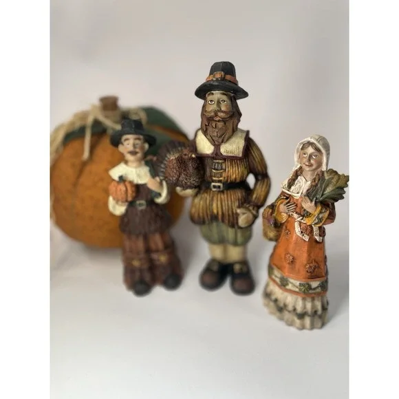 Vintage Pilgrim Figurines Set of 3 Thanksgiving Fall Decor Resin & Pumpkin