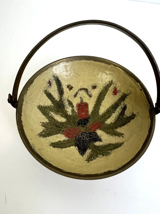 Vintage Brass Cloisonné Handle Bowl Christmas Candle Design Candy Dish