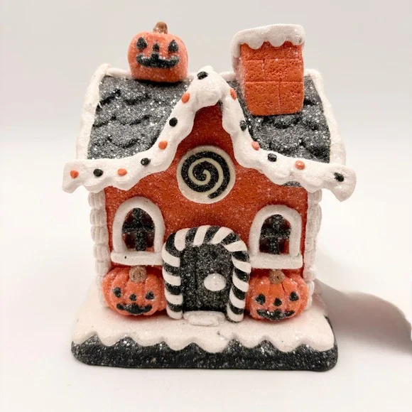 Jack O Lantern LED Lane Halloween Gingerbread House Orange Black Glitter Decor