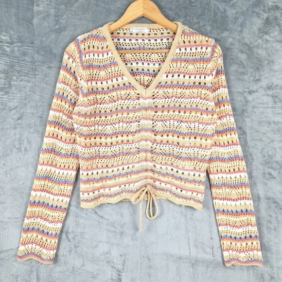 Womens Sweater Medium Boho Crochet Knit Cottagecore Indie Striped Tie Front Crop