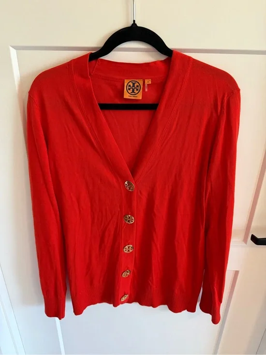 Tory Burch 100% Cotton V-Neck Cardigan Sweater Red Gold Logo Buttons Women’s XL