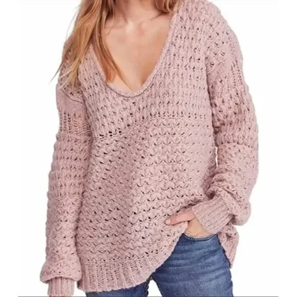 Free People Womens Crashing Waves Wool Blend Knit Oversized Pullover‎ Sweater XS