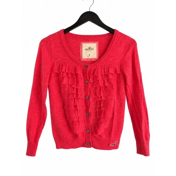 Hollister Coral Pink Ruffle Cardigan Y2K Sweater Women’s Size Medium