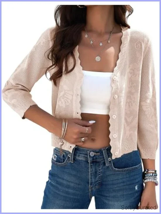 Crochet Textured Shrugs, 3/4 Sleeve Button Down Cardigan, Lightweight Knitwear