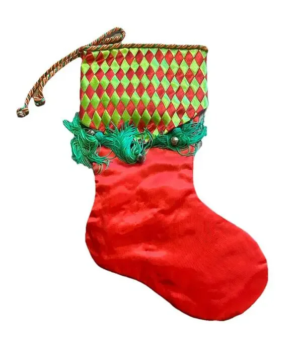 Harlequin Christmas Stocking Red Green Satin Diamond Jester Holiday Decor