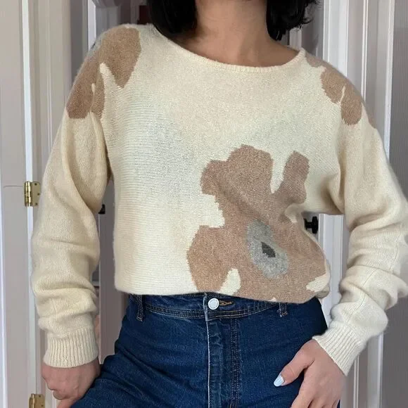 Vintage cashmere floral design knit long sleeve‎ pullover sweater Medium