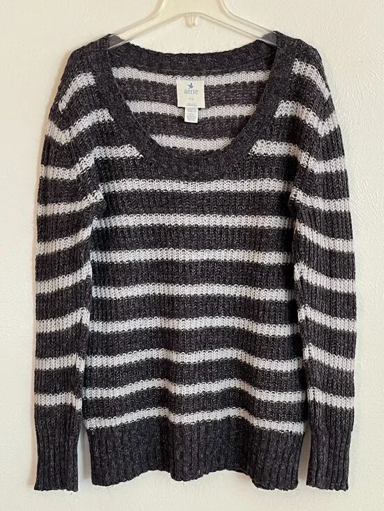 Aerie Women's Gray White Striped Loose Knit Sweater Size XL Y2K Wool Mohair
