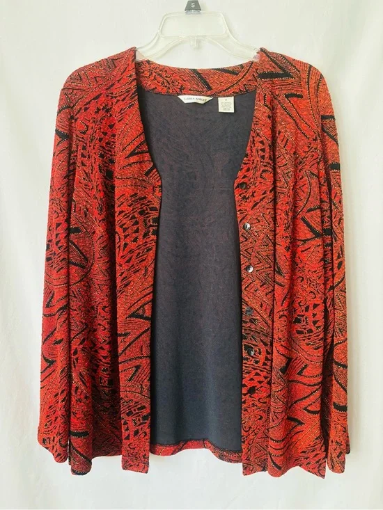 Metallic Gold weave Evening wear Red Black Abstract Textured Cardigan Jacket