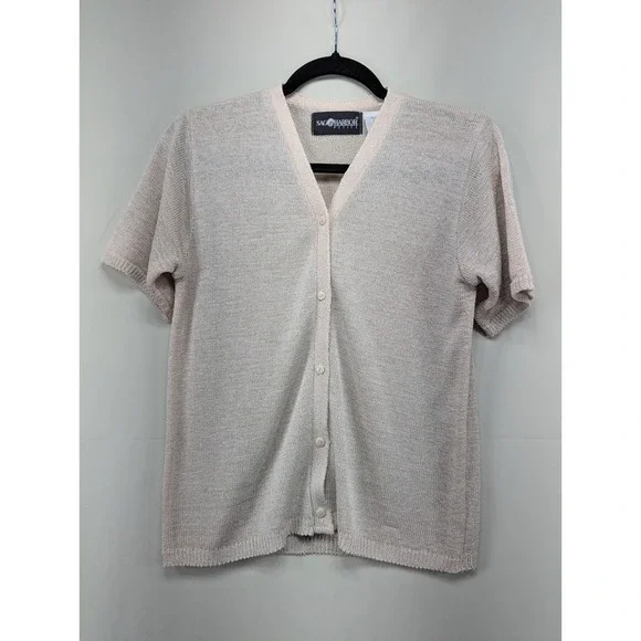 Sag Harbor Petite Beige Button Down Short Sleeve Knit Cardigan‎ Top