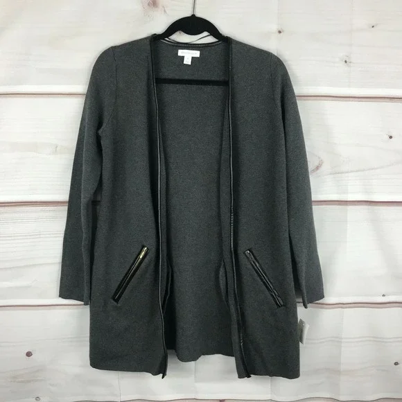 Charter Club Sweater Womens XS Gray Cardigan Open Front Long Sleeve Zip Pocket