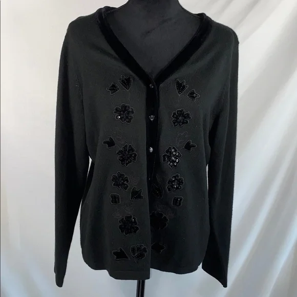 Croft & Barrow Black Cardigan Sweater Embellished Sequined Size Large