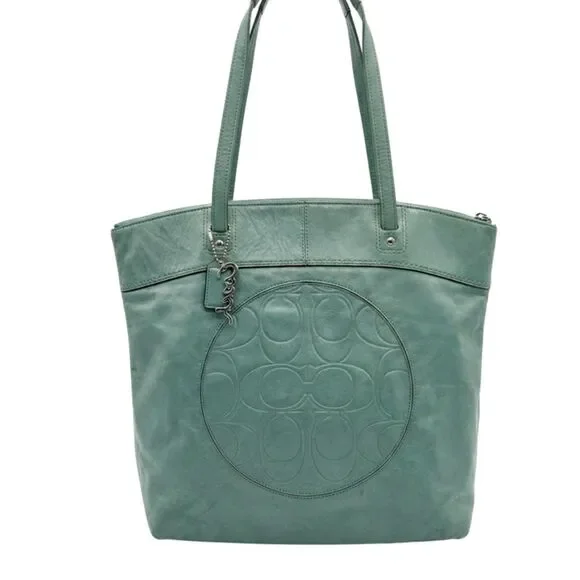 🔥 Coach Laura Sage Green Leather Embossed Signature Op Art Tote Bag F18336