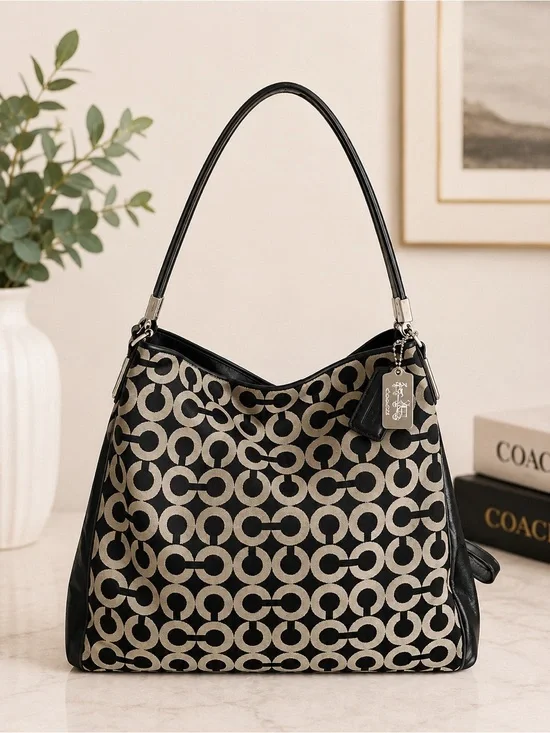 Coach Madison Signature Black Canvas Leather Shoulder Hobo Bag Large Purse
