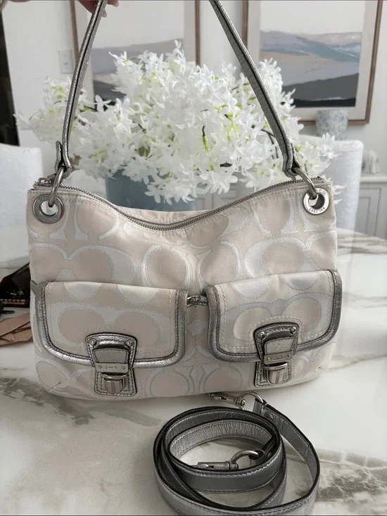 Coach Ivory Signature Shoulder Bag with Silver Trim
