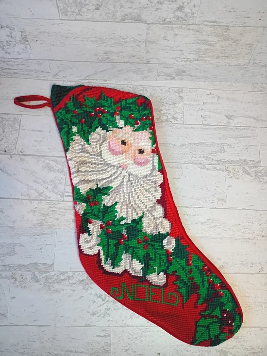 Vintage Needlepoint Handmade Christmas Stocking Santa NOEL 18”