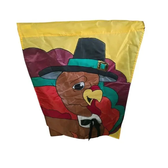 Vtg 1999 Thanksgiving Pilgrim Turkey  Garden Flag 2 Sided 42