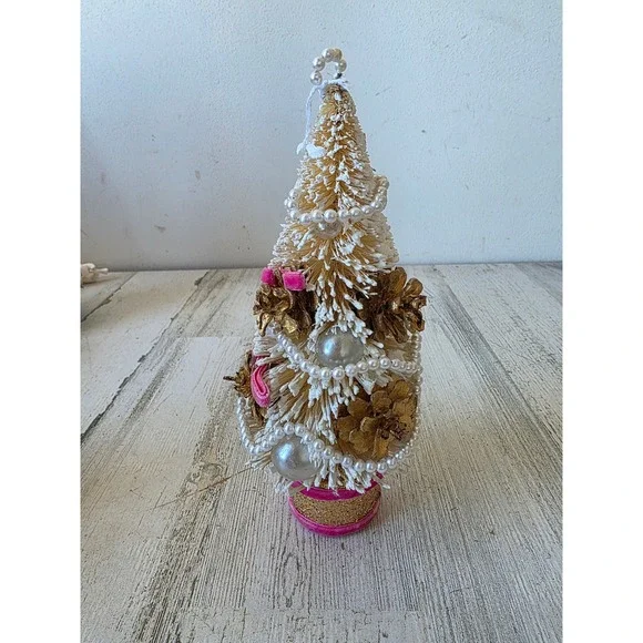 Antique pinecone gold mini bottle brush tree felt beaded pearls Xmas decor