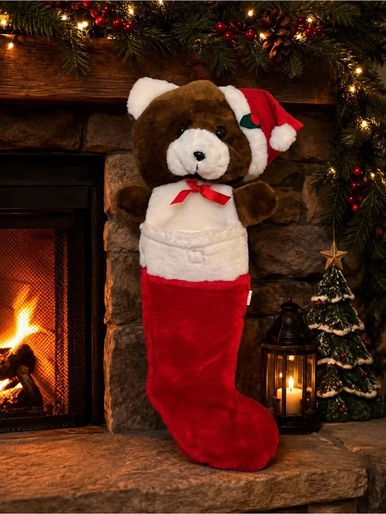 Christmas Teddy Bear Plush Stocking Red Santa Hat Holiday Hanging Stocking Decor