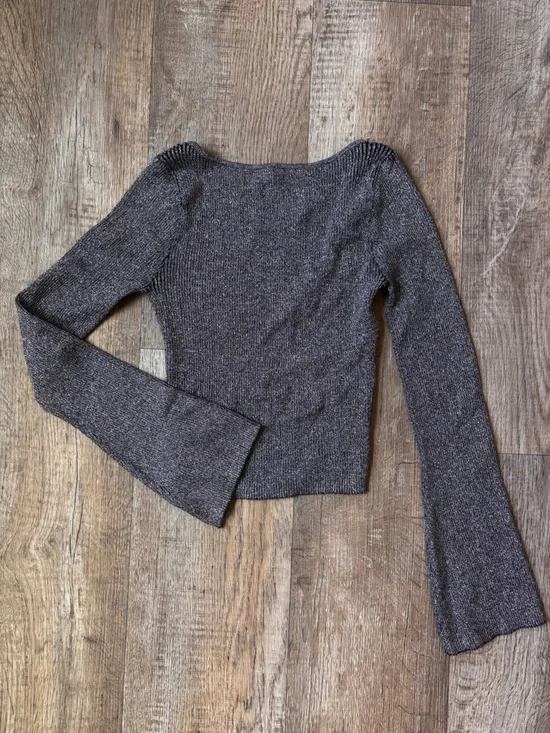 Zara Off-the-Shoulder Metallic Knit Sweater - Charcoal