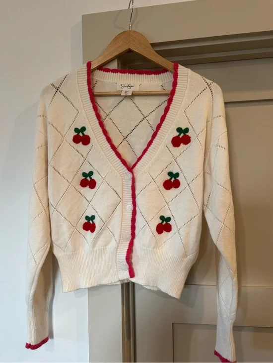 Jessica Simpson Cream Cardigan with Red Cherry Embroidery