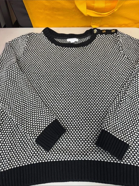 Charter Club Petite large black & White Textured Knit Sweater with Button Detail