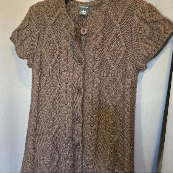 Calvin Klein Jeans Brown Wool Blend Cable Knit Short Sleeve Sweater, Medium