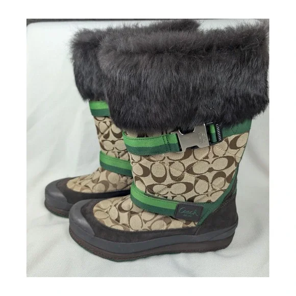 Coach Mariette‎ Winter Snow Boots Womens 10 Khaki Green Signature Fur Trim