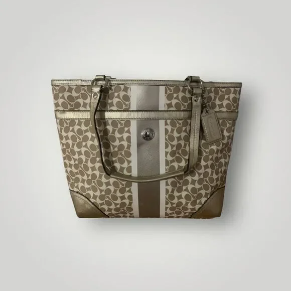 Coach Chelsea Heritage Stripe Signature Tote Bag Gold Beige White EUC