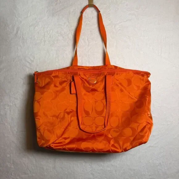 Coach Getaway Orange Nylon Signature Packable Tote Travel Bag Removable Pouch