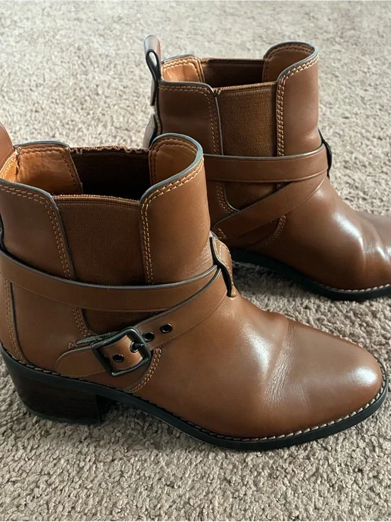 Coach Tan Leather Ankle Booties with Wrap Strap and Buckle