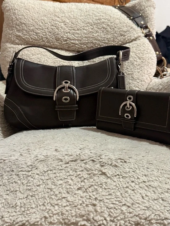 Coach Dark Brown Leather Shoulder Bag with Matching Wallet